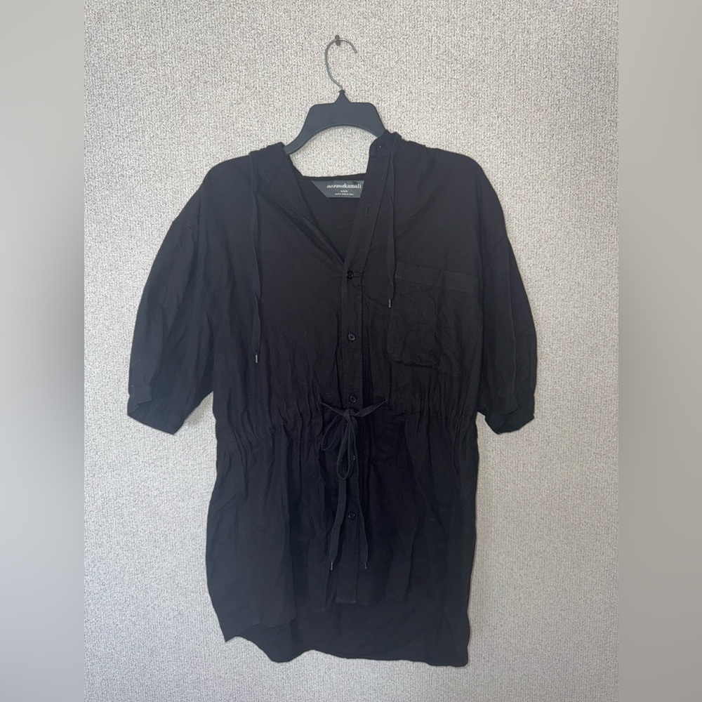 Norma Kamali Women Size XS Black oversized Cotton hooded top‎ drawstring waist